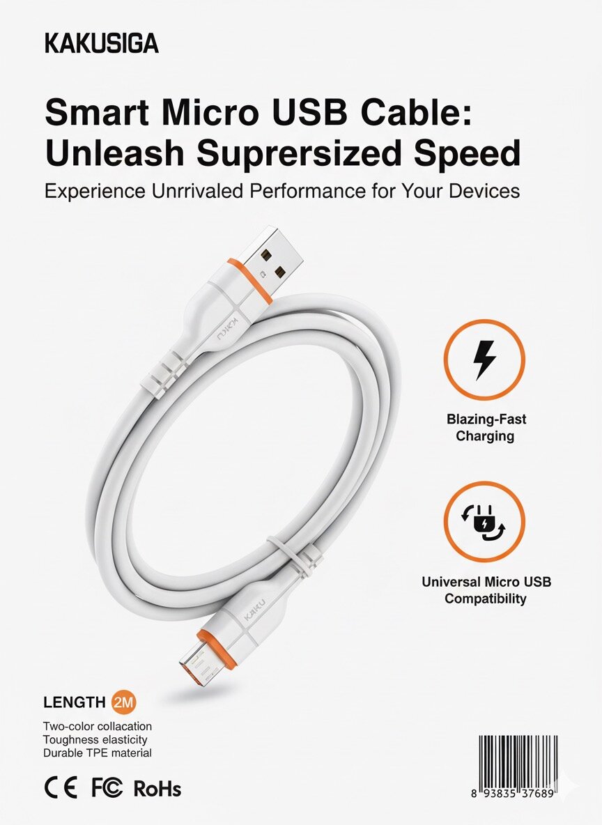 Кабель Kakusiga Micro USB 2 м — Smart Fast Charging, высокоскоростная передача данных, белый — фото 1
