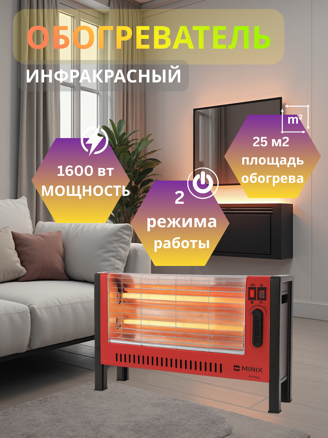 Обогреватель MINIX X1100U, инфракрасный, кварцевый, 2000Вт, 3 уровня мощности