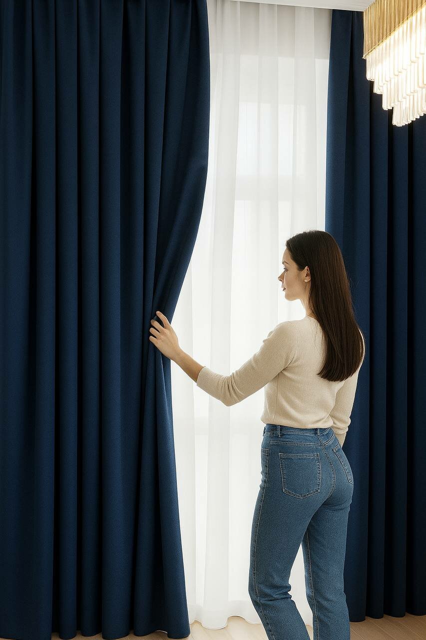 Современные двухслойные шторы — тёмно-синие с белым тюлем элегантность и современност