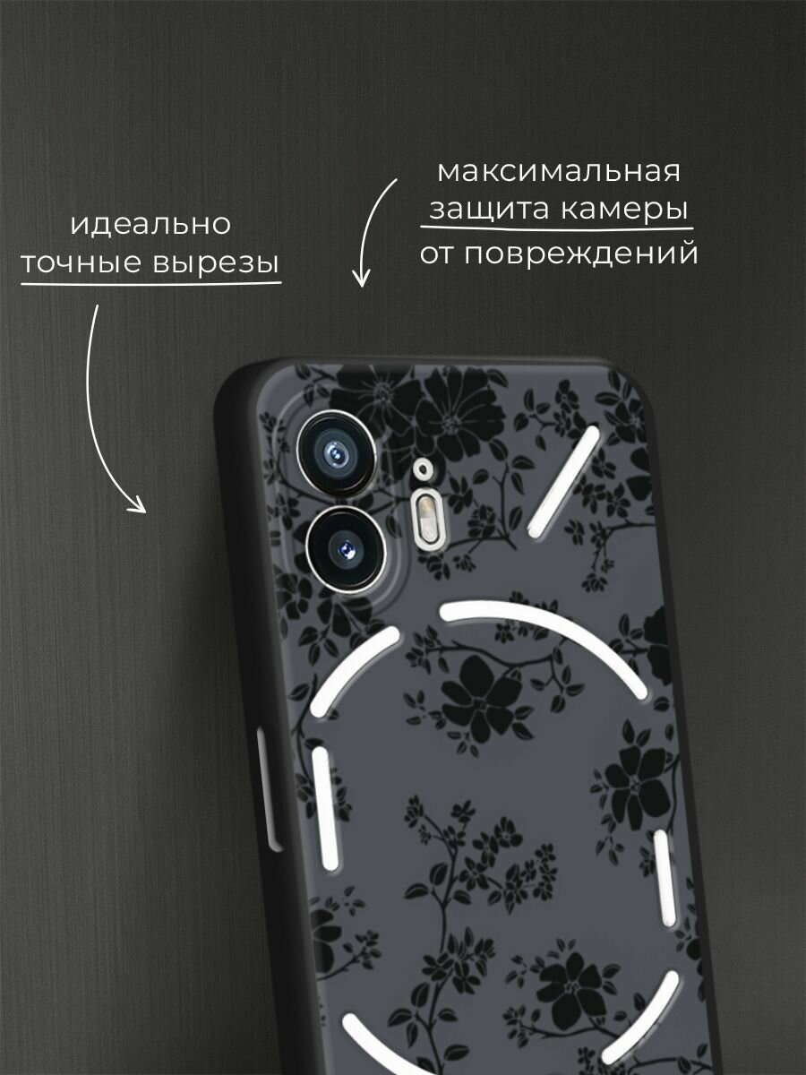 Черный матовый чехол на Nothing Phone 2 / Нафинг Фон 2 с принтом Черные цветы на сером — фото 1