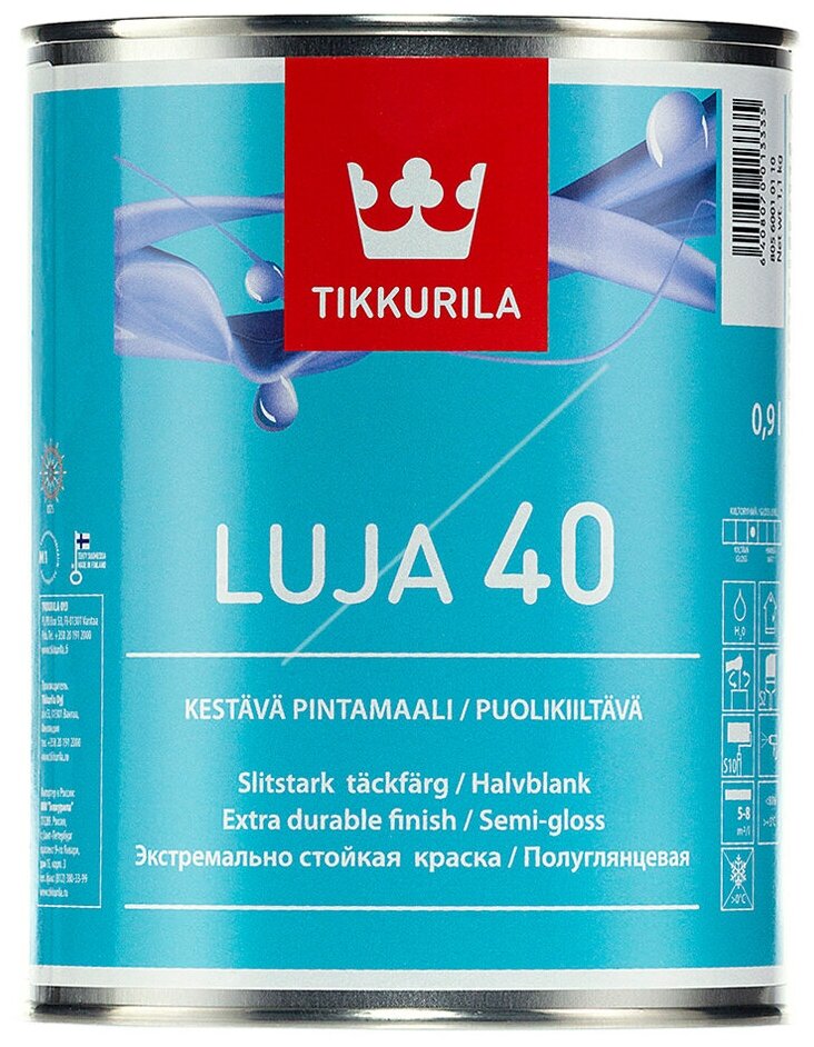 Tikkurila Luja 40 краска для влажных помещений антигрибковая (полуглянцевая, база А, 0,9л)