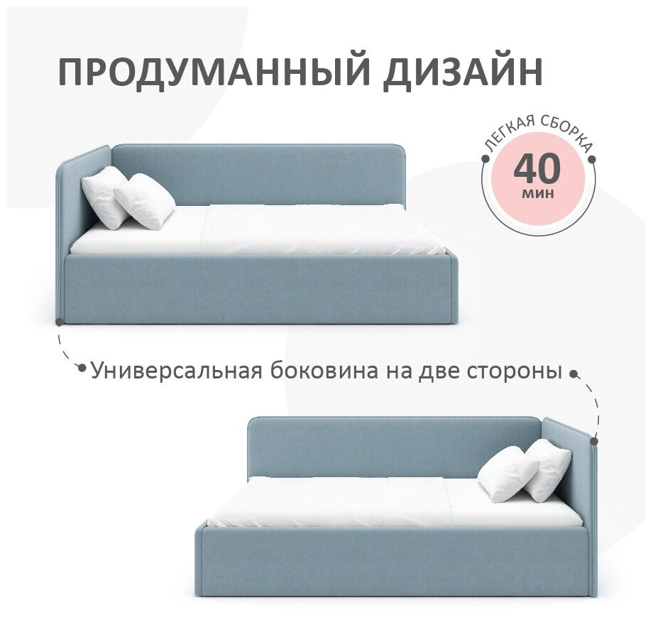 Кровать - диван Romack Leonardo 70х160 голубой с ящиком для белья боковой спинкой мягким изголовьем односпальная
