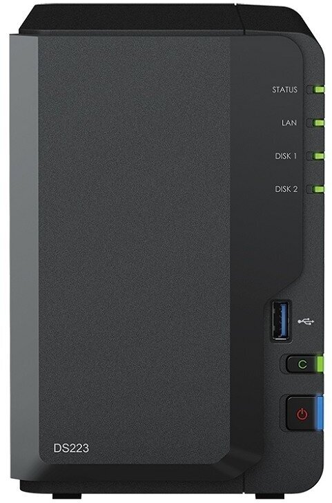 Synology Дисковый массив Synology DS223 Сетевое хранилище NAS, слоты 2x2.5"/3.5" SATA3, 1x1 Гбит/с, 3xUSB 3. X, Realtek RTD1619B/4x1.7 ГГц, DDR4 2Gb, 60W