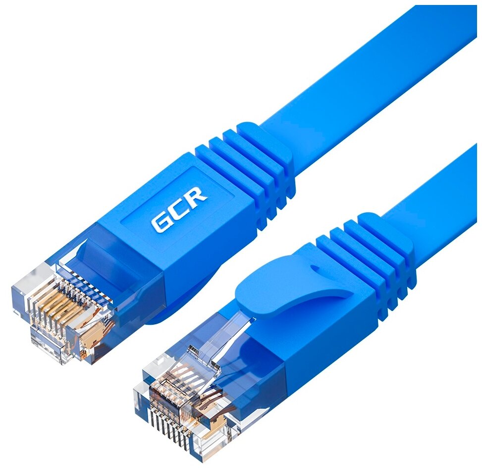 GCR Патч-корд PROF плоский прямой 10.0m, UTP медь кат.6, синий, 30 AWG, ethernet high speed 10 Гбит/с, RJ45, T568B