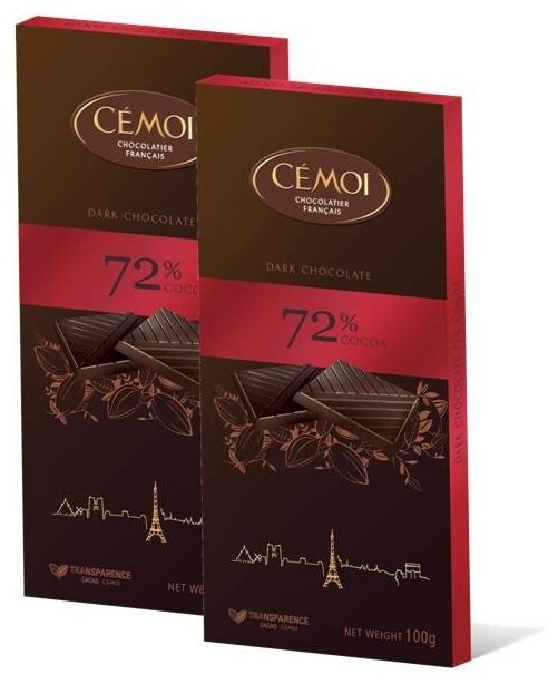 Горький шоколад Cemoi 72% какао, 100г, 2шт.