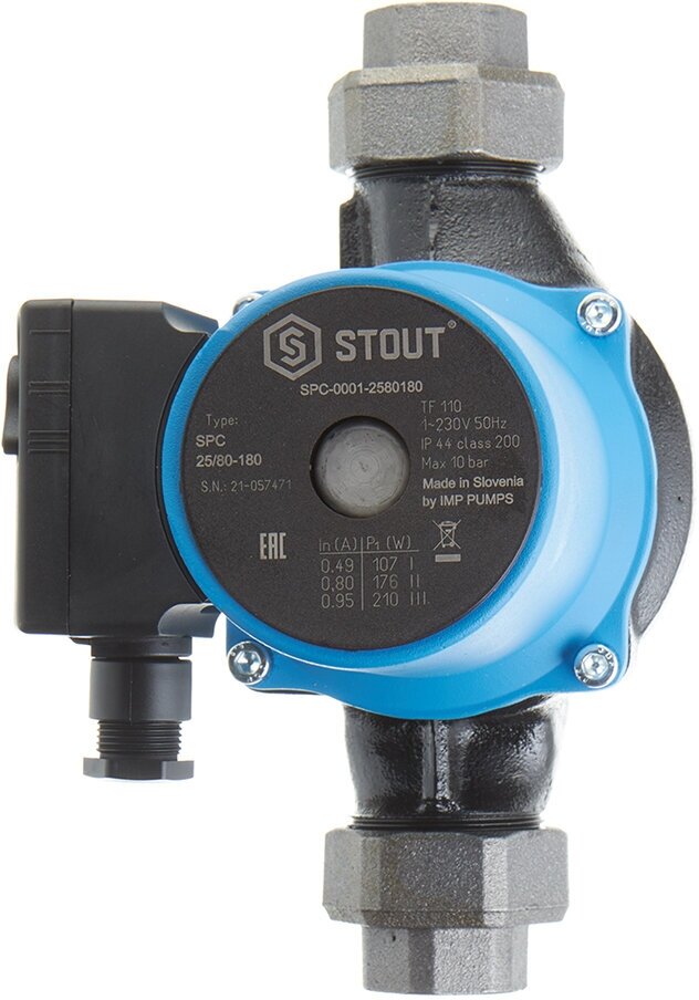 Циркуляционный насос для систем отопления Stout 25/80-180 (SPC-0010-2580180) DN25 подъем 8 м 180 мм с гайками