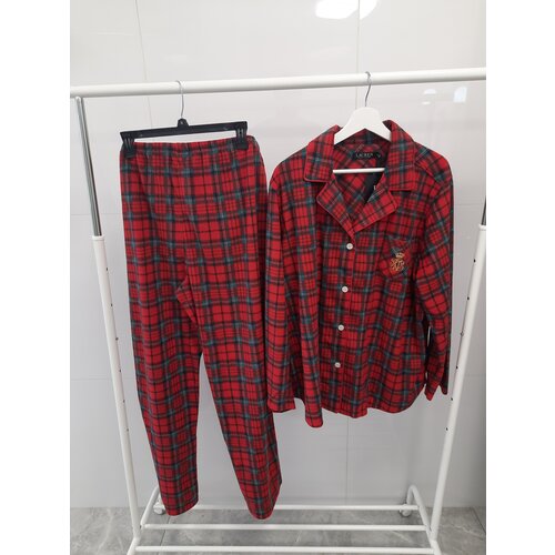 Пижама Ralph Lauren, рубашка, брюки, застежка пуговицы, длинный рукав, карманы, пояс на резинке, размер XXL, мультиколор, красный