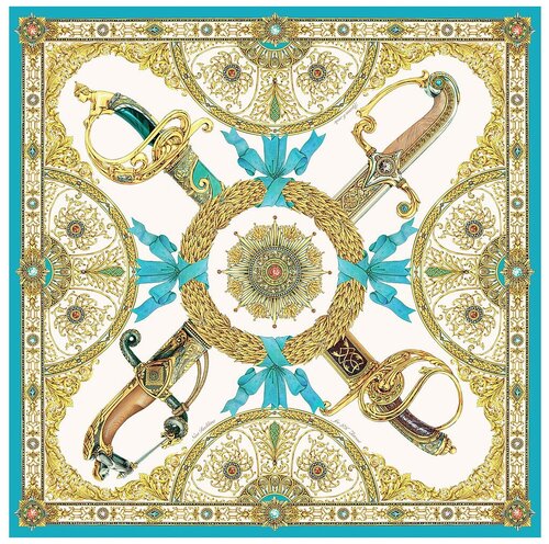 Платок Русские в моде by Nina Ruchkina, 120х120 см, золотой, синий