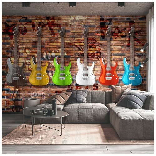Фотообои 3D Лофт гитары 400х250 ШхВ Фотообои 3D на стену флизелиновые 400х250 Фотообои в гостиную спальню зал кухню Обои виниловые на флизелиновой основе фотообои для мужчин с гитарами 8880₽