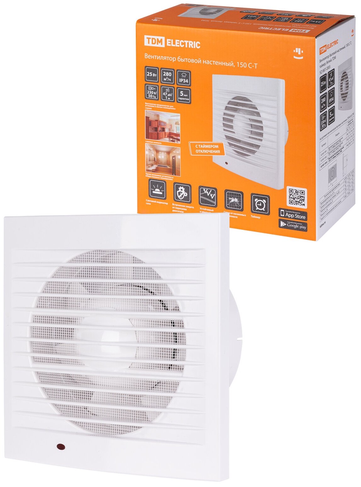 Вентилятор бытовой настенный, 150 С-Т, таймер, белый, TDM - фотография № 1