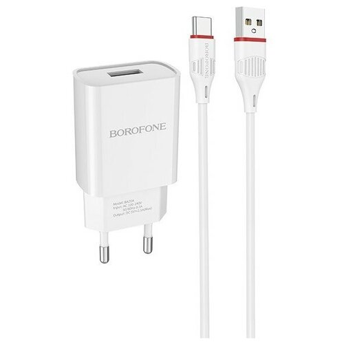 Сетевое зарядное устройство Borofone BA20A Sharp + кабель USB Type-C, 12 Вт, white сетевое зарядное устройство borofone ba20a sharp 1usb 2 1a белый 00681