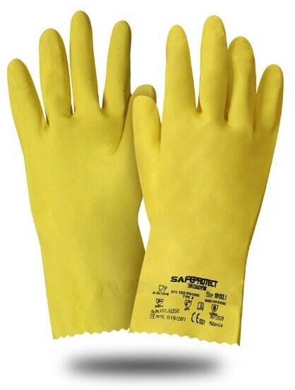 фото Перчатки латексные (0.4 мм) защитные с внутренним хлопковым напылением Safeprotect Экохоум, цвет: желтый, размер L (9), 1 пара