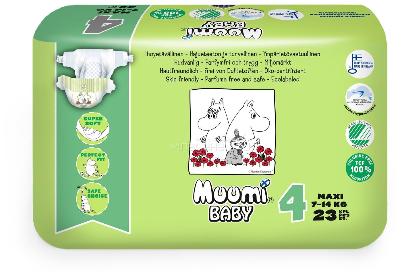 MUUMI BABY Эко Подгузники органические, натуральные, биоразлагаемые, детские №4, 7-14 кг, 23 шт