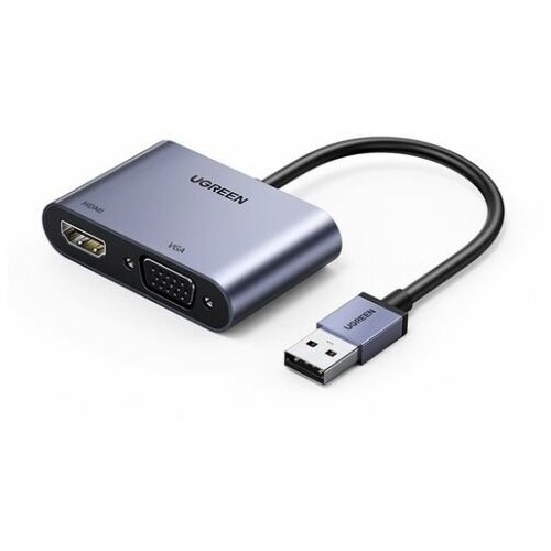 Адаптер UGREEN 20518 USB 3.0 to HDMI+VGA Card 1080P, серый видеоадаптер ugreen hdmi vga 1080p 40253