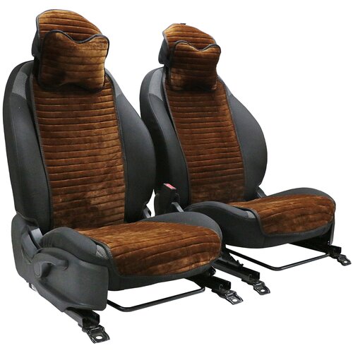 Подушка на сиденье автомобиля универсальная из велюра премиум-класса. Ткань полоса коричневая, мокрый эффект/подголовник - 2 шт.