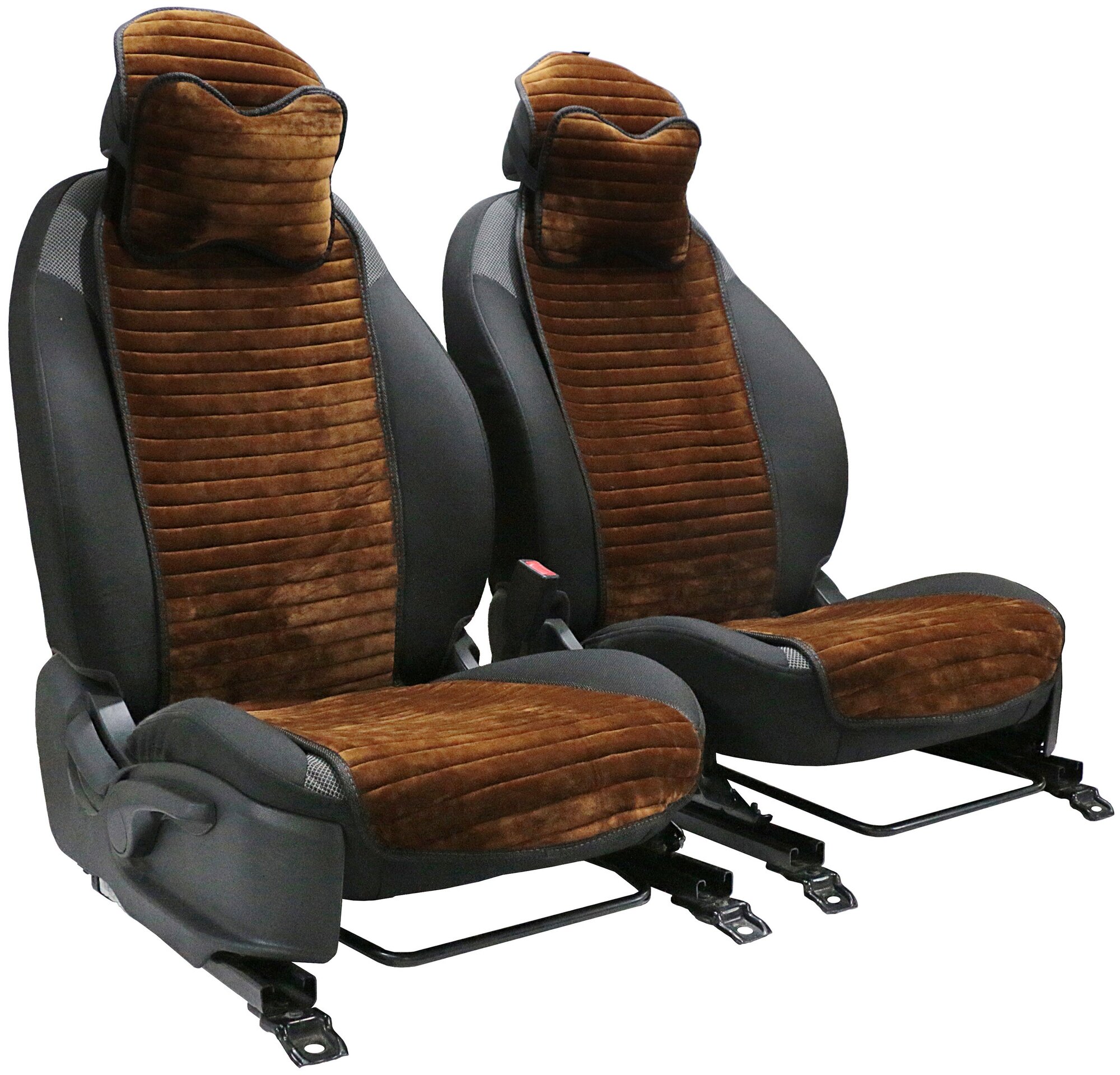 Подушка на сиденье автомобиля универсальная из велюра премиум-класса. Ткань полоса коричневая, мокрый эффект/подголовник - 2 шт.