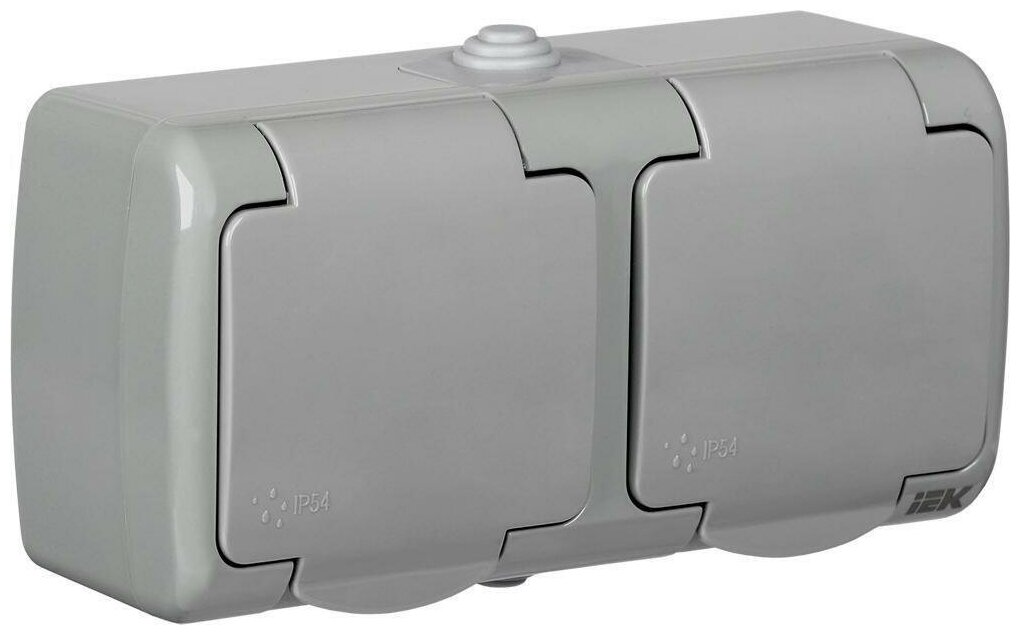 фото Розетка IEK AQUATIC горизонтальная двойная с крышками с заземлением для открытой проводки IP54 серый