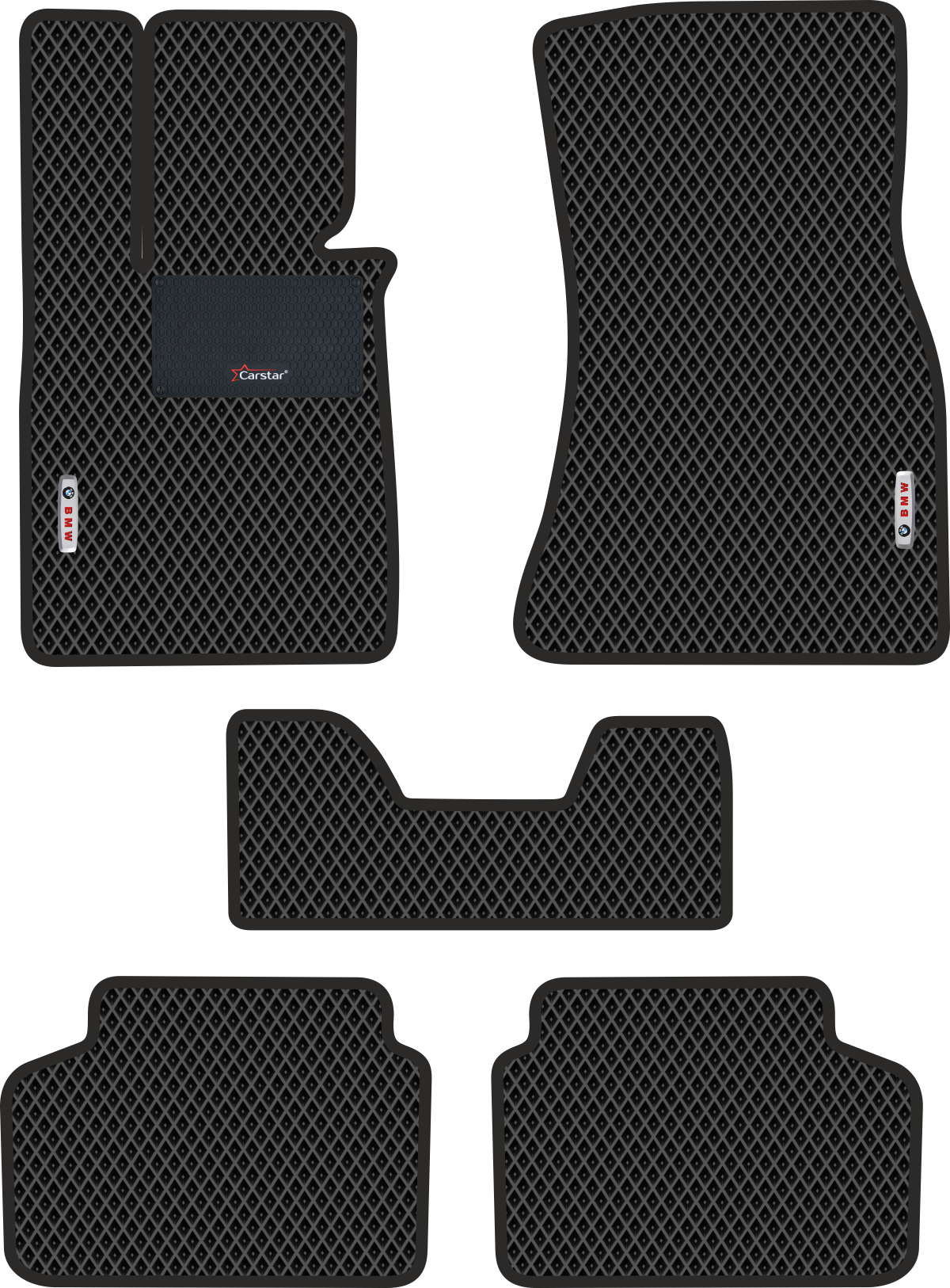 Автомобильные коврики EVA для BMW 7 VI G11 (2015-н/в) с каучуковым подпятником и 2 эмблемами BMW, чёрные с чёрным кантом, ячейка - ромб