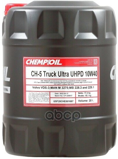 CHEMPIOIL 10W-40 Ch-5 Truck Ultra Uhpd, Ci-4/Sl, Ci-4 Plus, 20Л (Полусинт. Мотор. Масло) Hcv