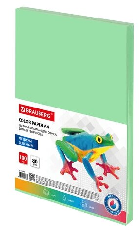 Бумага цветная BRAUBERG, А4, 80г/м, 100 л, медиум, зеленая, для офисной техники, 112458