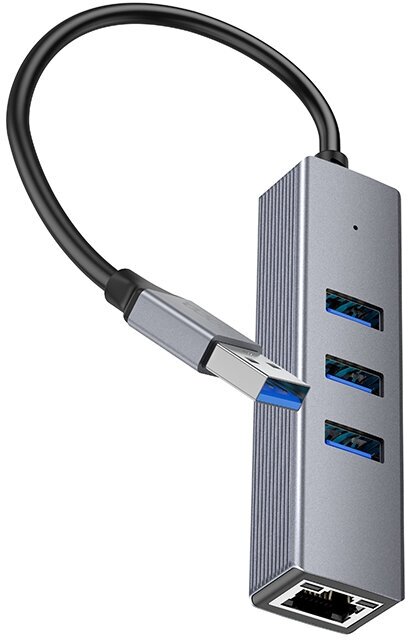 USB Хаб (HB34) c 1 USB на 3 USB 3.0+RJ45, HOCO, металлический серый