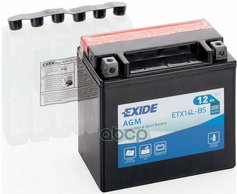Аккумулятор MOTO AGM 12Ah 200A 150x87x145 полярность ETN 0 токовыводы M04 EXIDE арт. ETX14L-BS