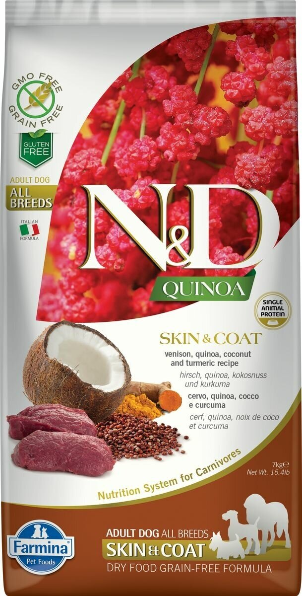 Сухой корм Farmina N&D Quinoa Skin&Coat Venison Adult, для взрослых собак всех пород, здоровье кожи и шерсти, беззерновой, оленина, киноа и кокос, 7 кг