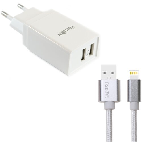 Сетевая зарядка FaisON 2xUSB C-17, Square, 2.4A, кабель 8 pin, 1.0 м, белый