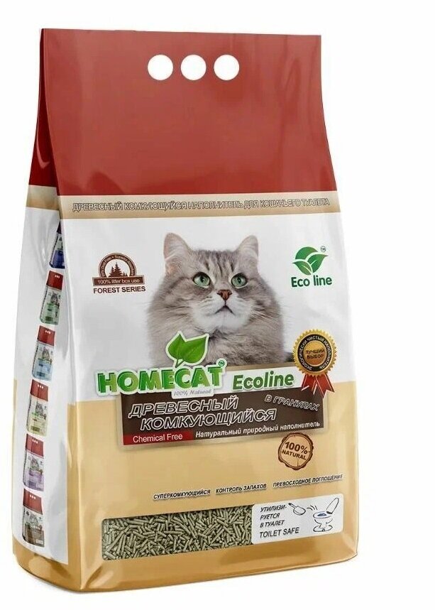 HOMECAT Ecoline 12 л древесный комкующийся наполнитель в гранулах для кошачьих туалетов