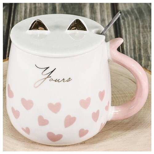 Кружка эврика подарки с крышкой Кот Ушастик №1 сердечки Эврика