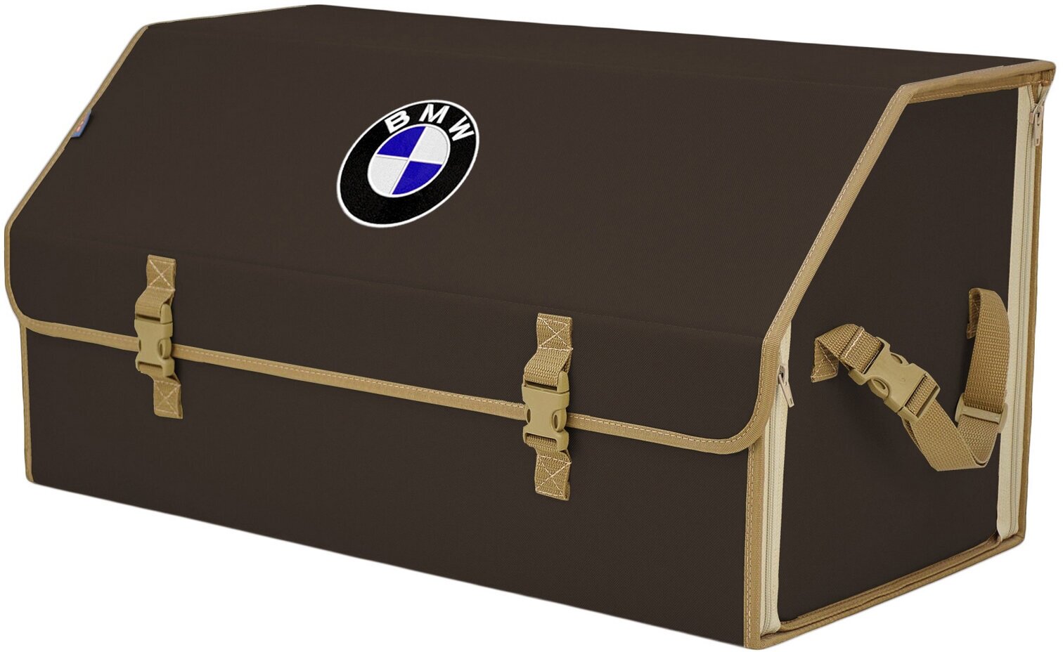 Органайзер-саквояж в багажник "Союз" (размер XL Plus). Цвет: коричневый с бежевой окантовкой и вышивкой BMW (БМВ).
