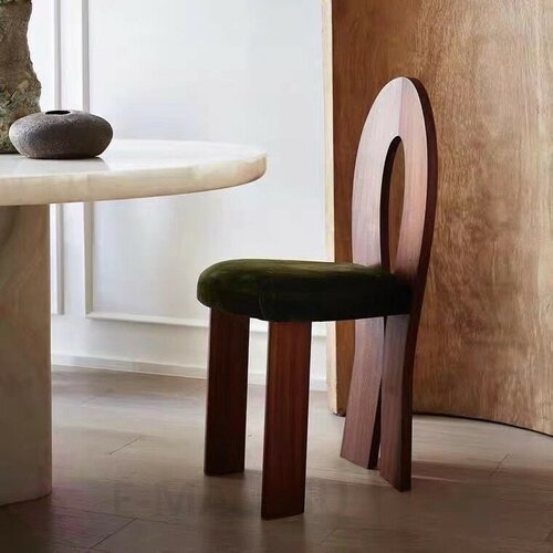 Современный обеденный стул для столовой в стиле Wabi Sabi (цвет дерева орех + зеленая ткань)