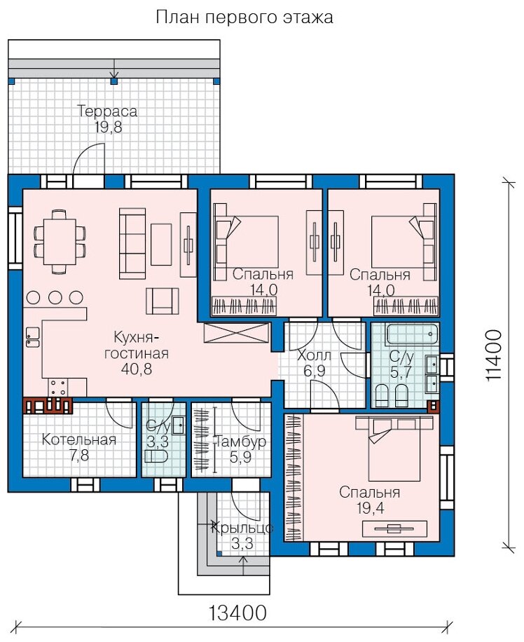 Проект дома Catalog-Plans-58-70 (118кв.м, 13.9x11.9м, газобетон 400мм) - фотография № 2