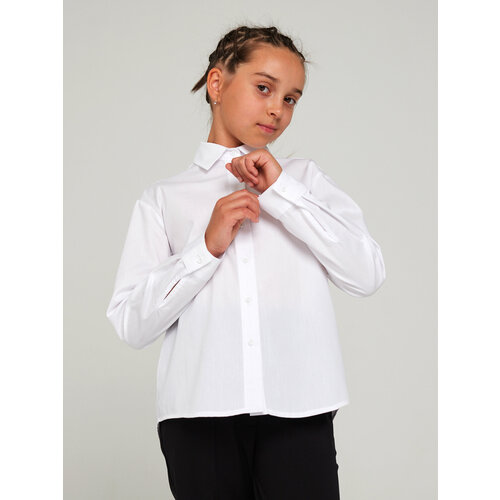 Школьная блуза KupiFartuk, полуприлегающий силуэт, на пуговицах, длинный рукав, без карманов, однотонная, размер 158, белый