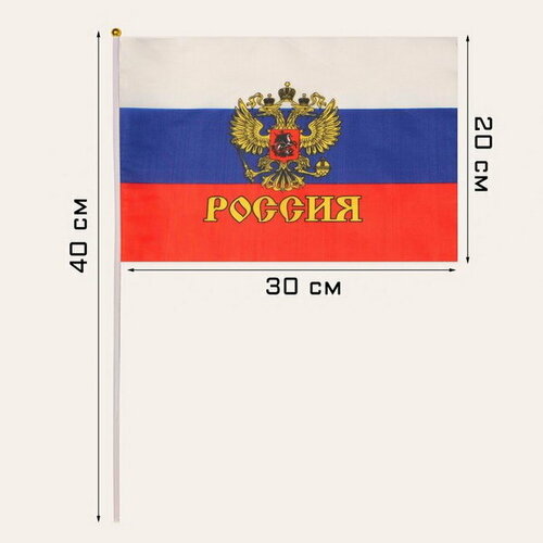 Флаг России "Герб", 20 x 30 см, шток 40 см, полиэфирный шёлк, 12 шт.