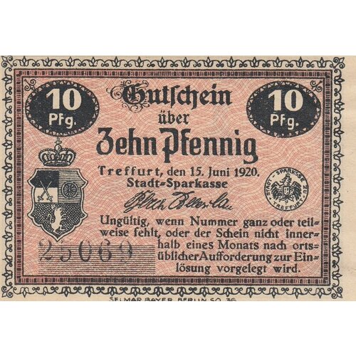 Германия (Веймарская Республика) Треффурт 10 пфеннигов 1920 г. (2) германия веймарская республика зондербург 10 пфеннигов 1920 г 2