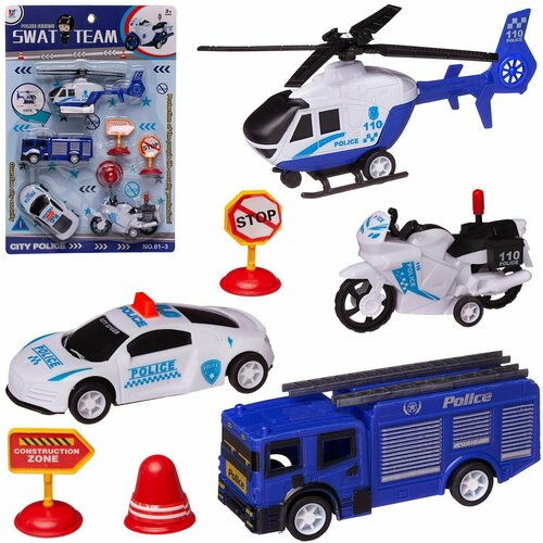 игровой наборпожарный вертолет мотоцикл Игровой набор Junfa Полиция (2 машинки, вертолет, мотоцикл инерционные, пластмассовые, дорожные знаки)