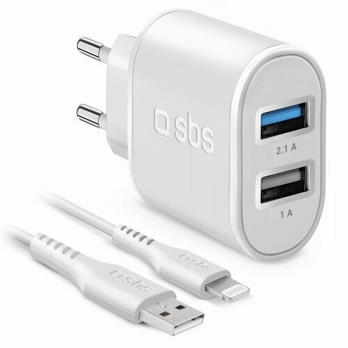 SBS Mobile Сетевое зарядное устройство 2xUSB-A, белое + кабель Lightning сетевое зарядное устройство hoco адаптер питания 4хusb a порта 28 5w qc3 0 белое