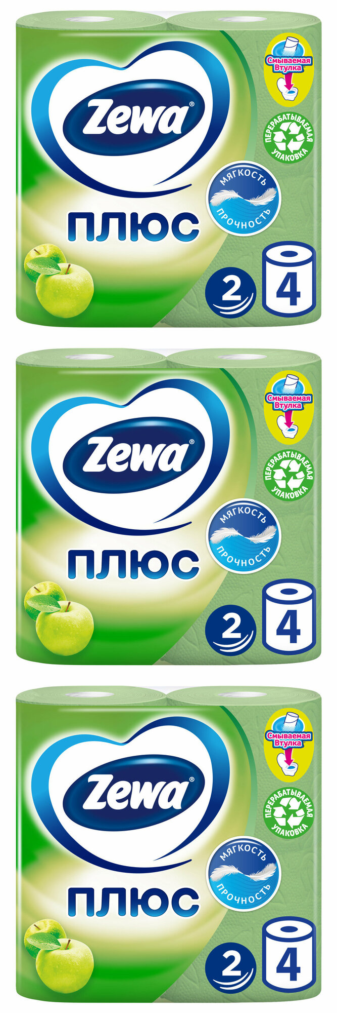 ZewaТуалетная бумага Zewa Плюс c ароматом яблока 4шт 2сл , 3 уп