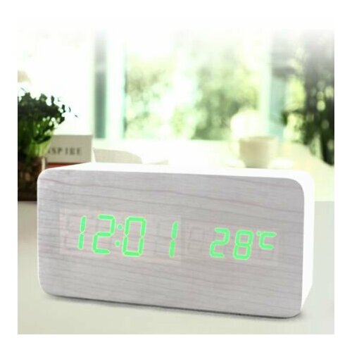Часы-будильник Прямоугольник 15см с термометром деревянный цвет: белое дерево зеленые цифры зв. активация