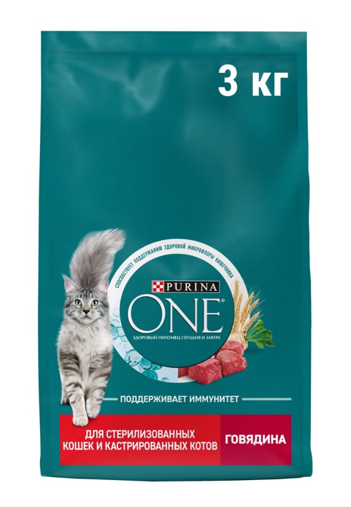 Сухой корм для кошек Purina ONE Sterilised для стерилизованных, с говядиной и пшеницей, 3 кг