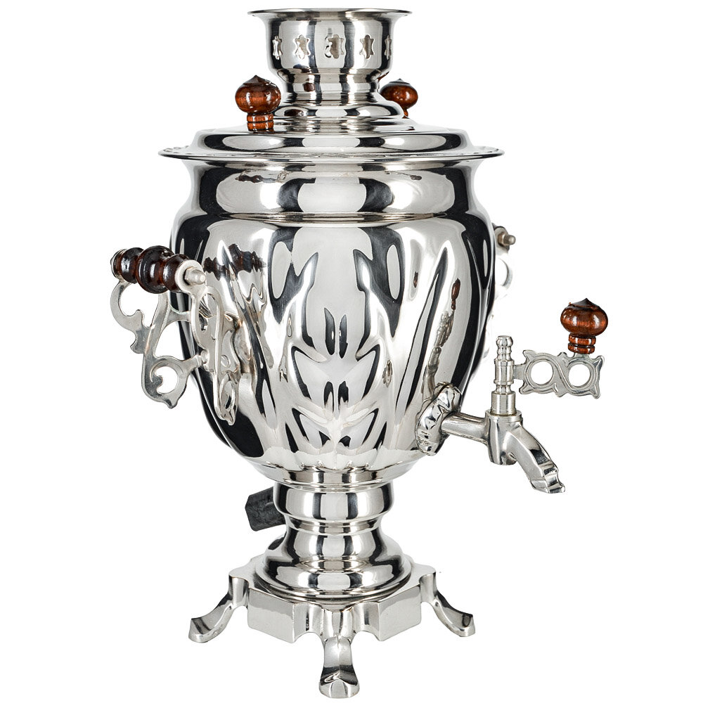 фото Самовар электрический 3 литра формы «Жёлудь» с защитой ТЭН, литьё, деревянная фурнитура, серебристый