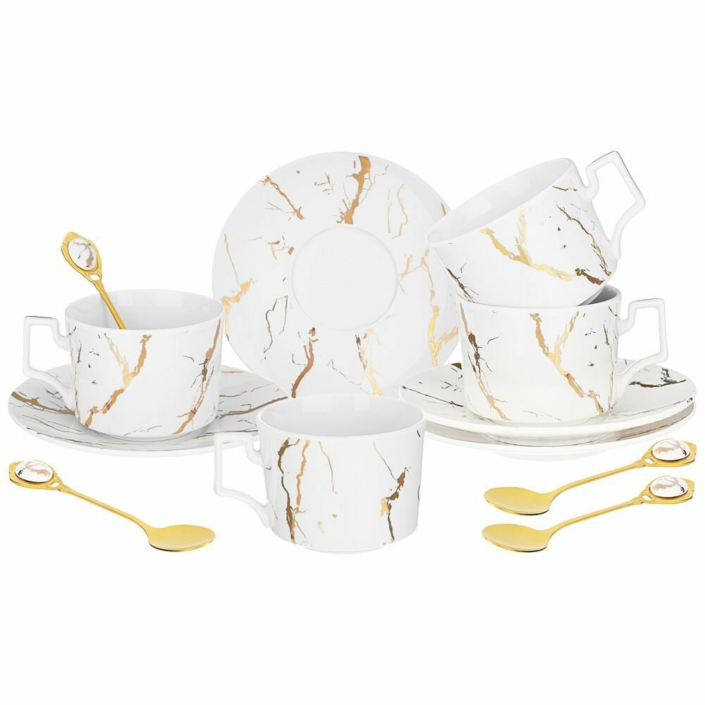 Чайный набор посуды на 4 персон Лефард Fantasy 250 мл, сервиз 8 предметов: 4 шт чашек и блюдец, подарочный белый фарфор Lefard