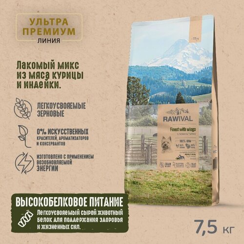 Rawival "Finest with Wings" с курицей и индейкой сухой корм для взрослых собак карликовых и мелких пород 7,5кг