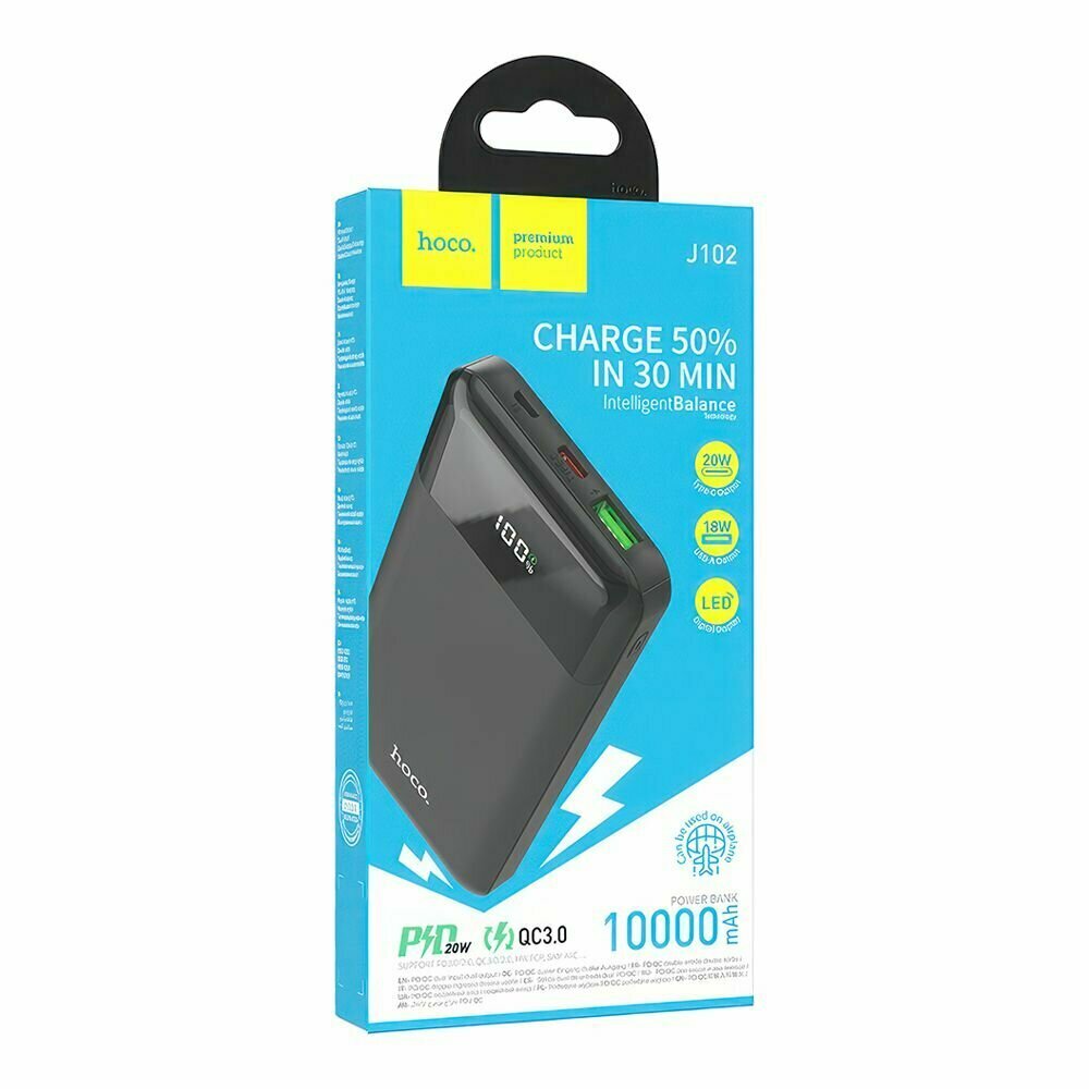 Внешний АКБ HOCO J102 Cool Figure 10000 mAh, 1xUSB, 1xUSB-C, 3А, QC 3.0, PD20W, LED, Li-Pol (черный) — фото 1