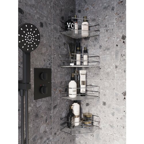 Полка для ванной настенная угловая 4 ярусная, хром, два вида крепления