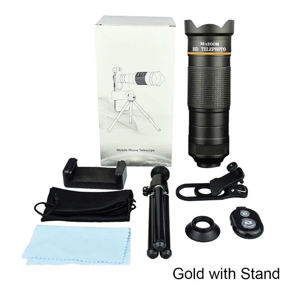 Телескоп Zoom Macro Fisheye 4in1 Широкий комплект объективов ангела Объектив камеры телефона 36X Телеобъектив для мобильного телефона iPhone Samsung Xiaomi Huawei, Gold with Stand