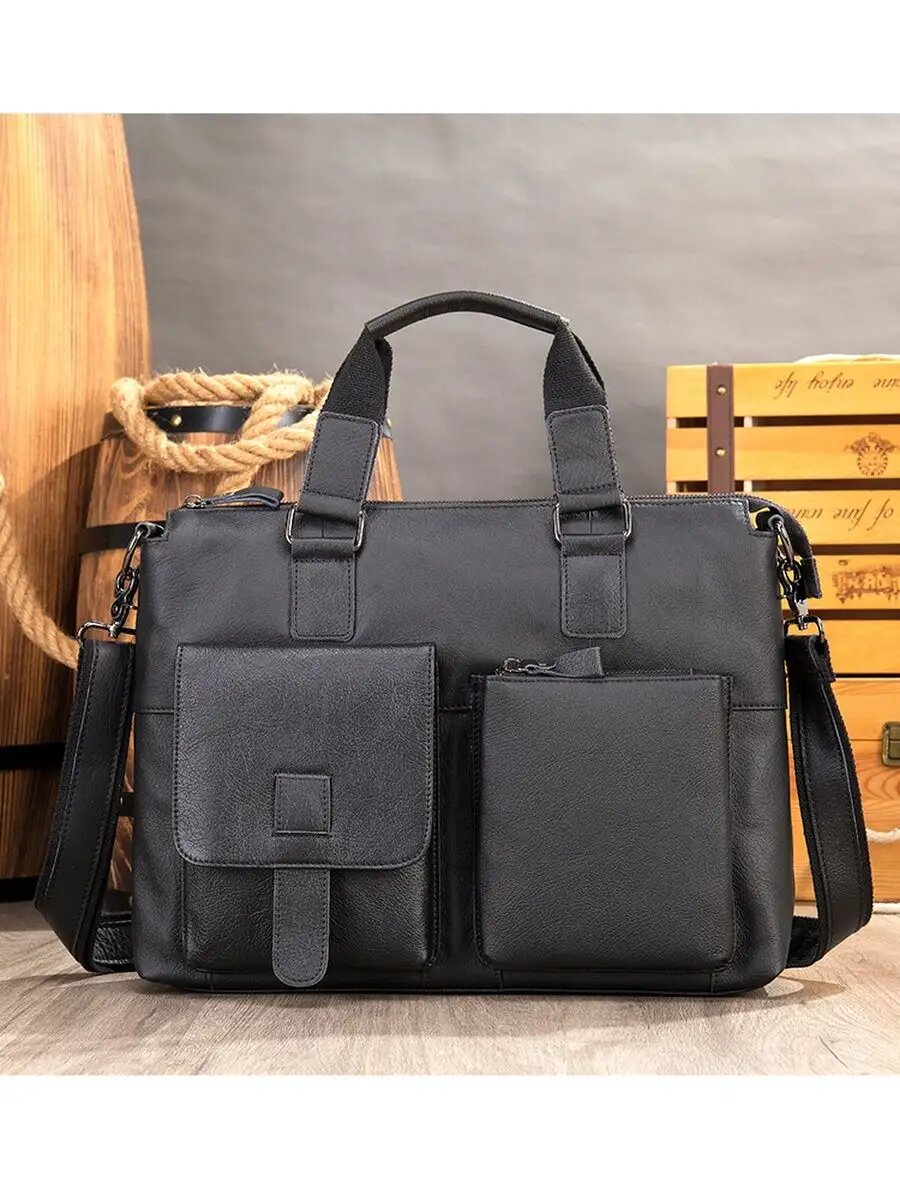 Сумка кросс-боди GENUINE LEATHER, фактура гладкая, глубокий черный