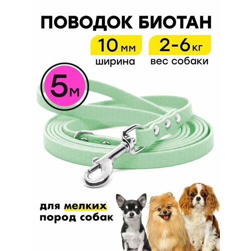 Поводок биотановый 5 м, 10 мм, для маленьких собак Woofy "Geksa", прорезиненный, водостойкий, мятный