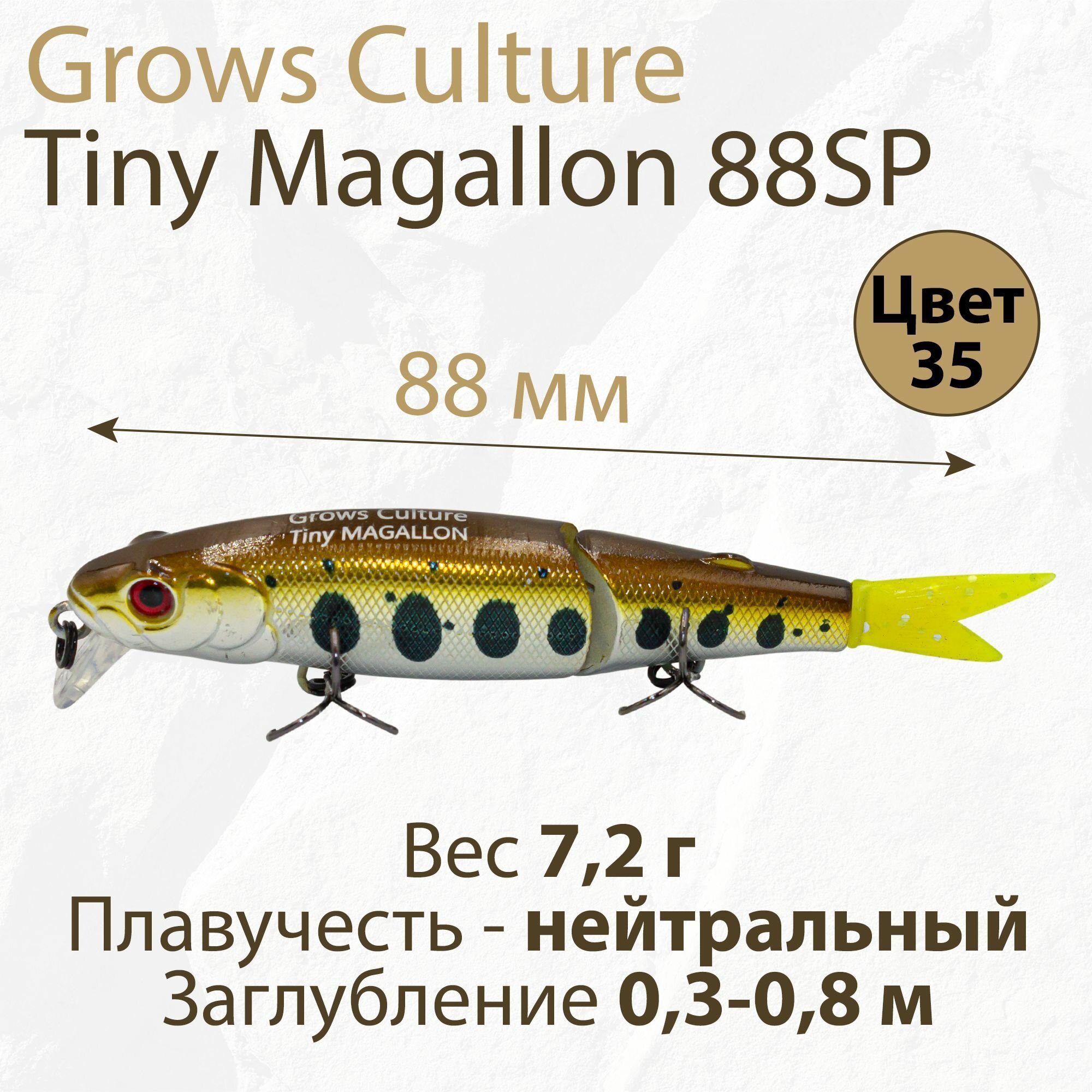 Воблер составной Grows Culture Tiny Magallon 88SP цвет 35 Crash HG Silver Amago 7,2 г 0,3-0,8 м минноу для ловли щуки, голавля, жереха и форели
